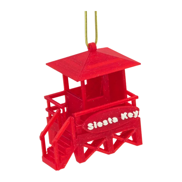 Red Siesta Key lifeguard shack ornament with a gold cord
