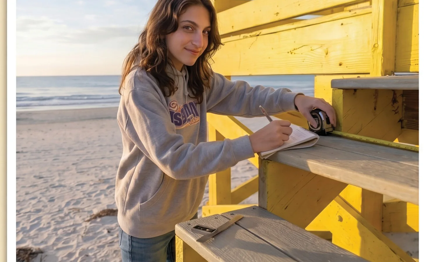 Mark's daughter measuring a yellow lifeguard shack on Siesta Key with a tape measure and notebook, the Gulf behind her